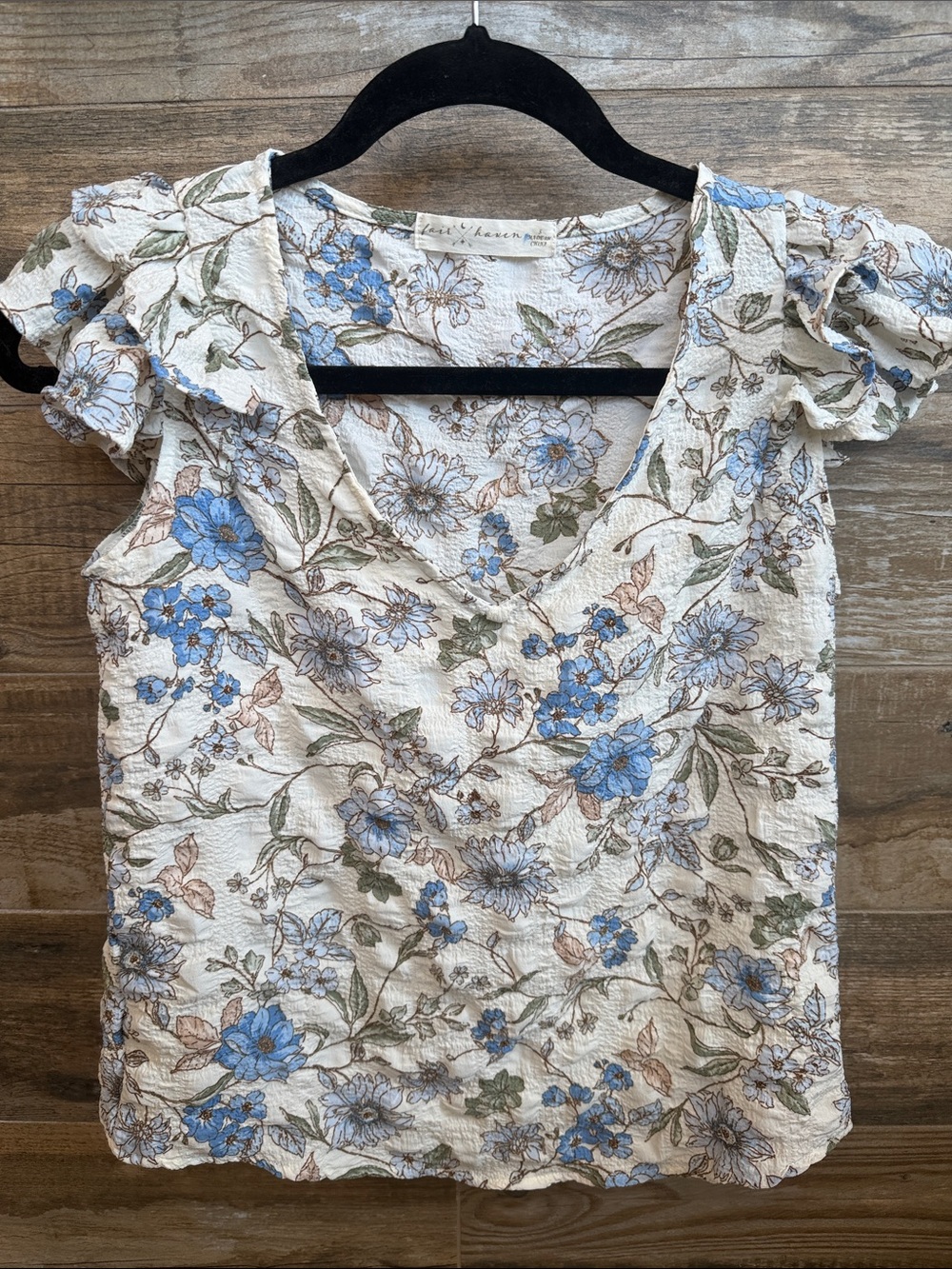 Women's Blue Floral V-Neck Ruffle Sleeve Blouse